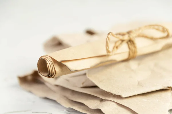 Roll Parchment Tied Jute Rope Sheets Craft Paper Old Document — Stock Photo, Image