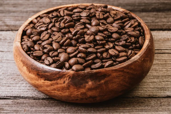 Roasted Coffee Beans Bowl Texture Wooden Table Presentation Drink Sort — Stock Photo, Image