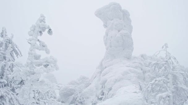 岩は山の上に霜や氷で覆われた柱のようです。 — ストック動画