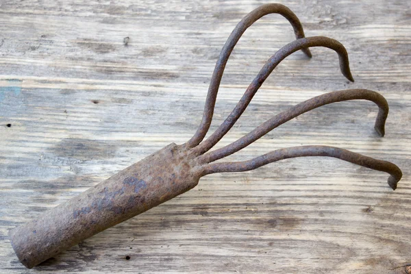 Pitchfork on a wooden background. Old garden tools. — Stock Photo, Image