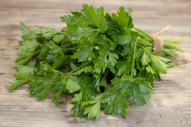 Bunch of parsley tied with rope, on old wooden board