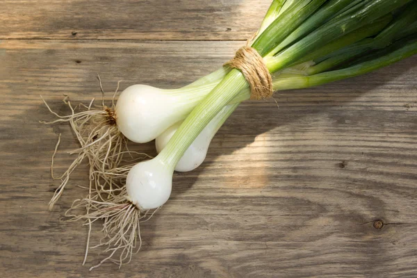 Bunch of fresh green onions on wooden table — Stock Photo, Image