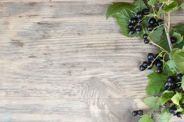 黒スグリと木製のテーブルの緑の葉 — ストック写真