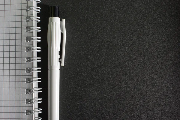 Leeres weißes Notizbuch, Stift auf dem Schreibtisch — Stockfoto
