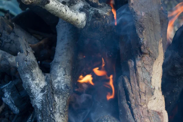 篝火与橙色的火焰和木柴的特写 — 图库照片