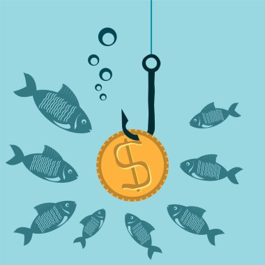 Sikke üzerinde su, dolar ve al balık göz altında kanca