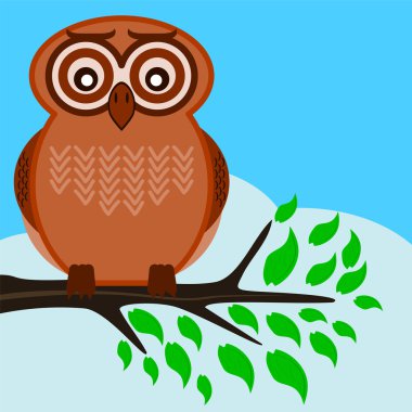 Bir ağaç dalı yeşil yaprakları ile bahar günü oturan baykuş