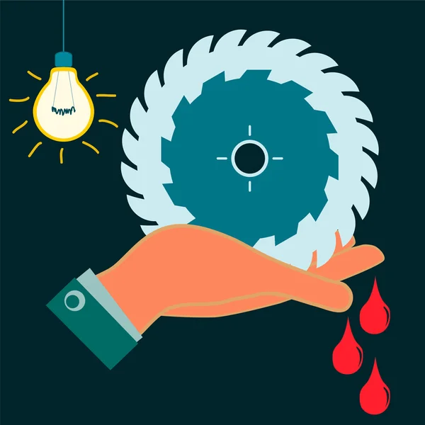 Circular saw in his hand, drops of blood.