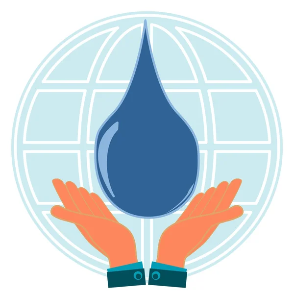 Blue drop in hands on background of the globe. — Stockvector