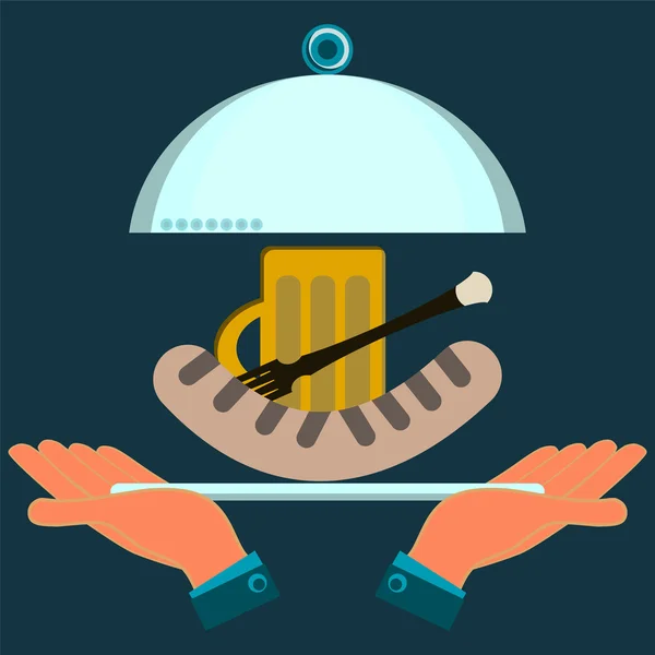 Hands holding a serving plate with the sausage grill and beer. — Stock vektor