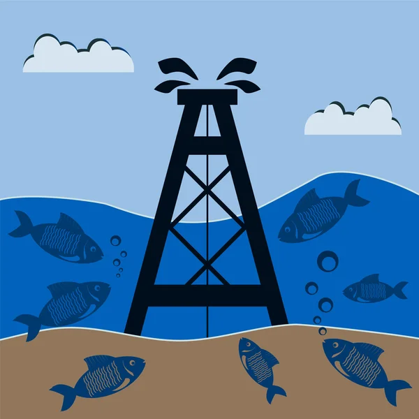 Equipamento de petróleo debaixo de água com o peixe. Produção mineral na ela — Vetor de Stock