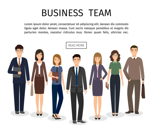 Business people banner. Group of business people standing together on white background. Office employee in different poses and casual clothes. Men and women working staff. Vector illustration.