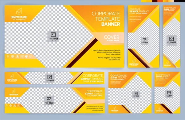 Conjunto Plantillas Banners Web Amarillos Negros Tamaños Estándar Con Espacio — Vector de stock