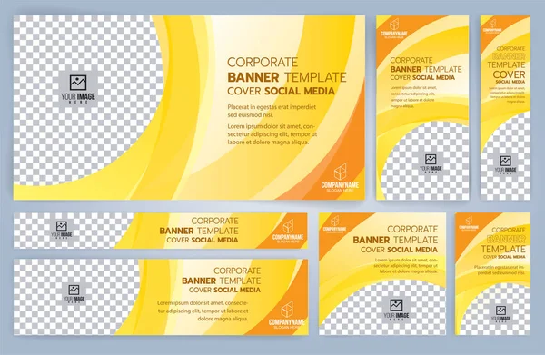 Conjunto Plantillas Banners Web Amarillos Negros Tamaños Estándar Con Espacio — Vector de stock