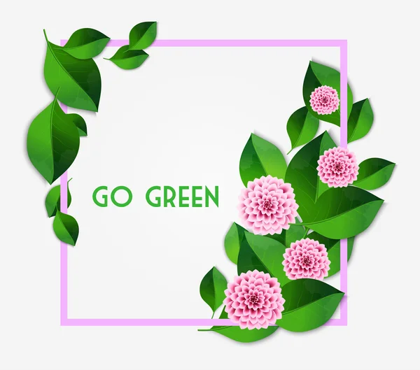 Fond printanier frais avec des feuilles vertes et dahlia rose. Carte de vœux vintage. Vecteur . — Image vectorielle