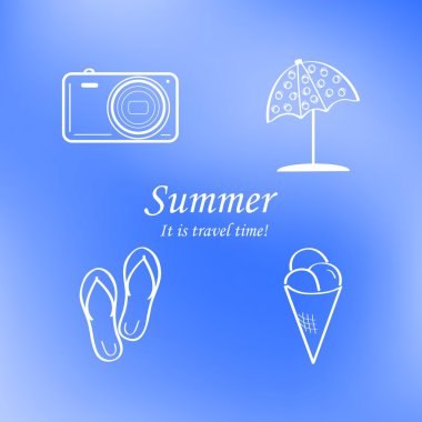 Yaz ve seyahat simgesi soyut mavi arka plan bulanık ayarla. Logosunu görmeniz gerekir. Vektör