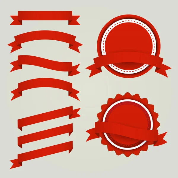 赤い紙リボン、ラベル、バッジのセット — ストックベクタ