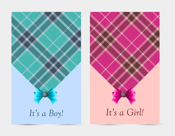 Invitation baby pink and blue cards with bow, tartan, button. — Stock Vector