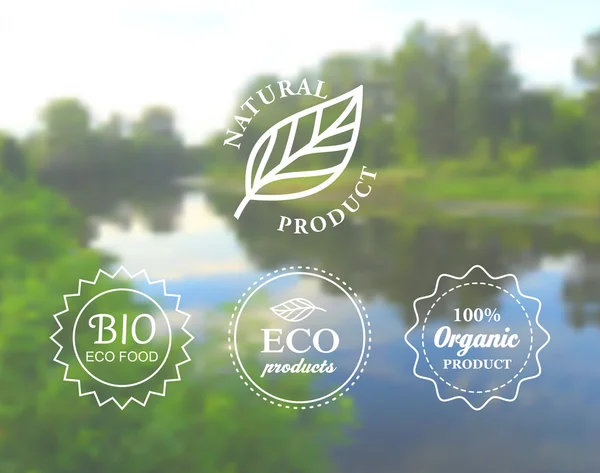 Ensemble de badge écologique et étiquette sur fond de rivière flou abstrait . — Image vectorielle