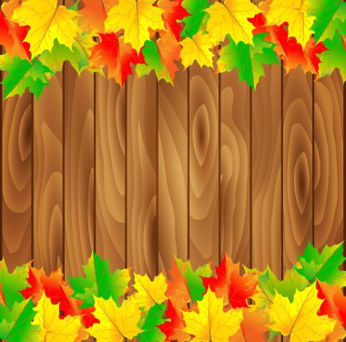 Ahşap tahta ve sonbahar yaprakları ile doğal arka plan. 