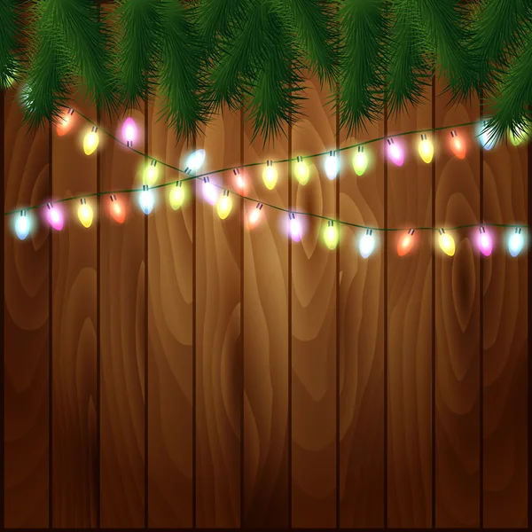 Luz de Navidad sobre fondo de madera — Vector de stock