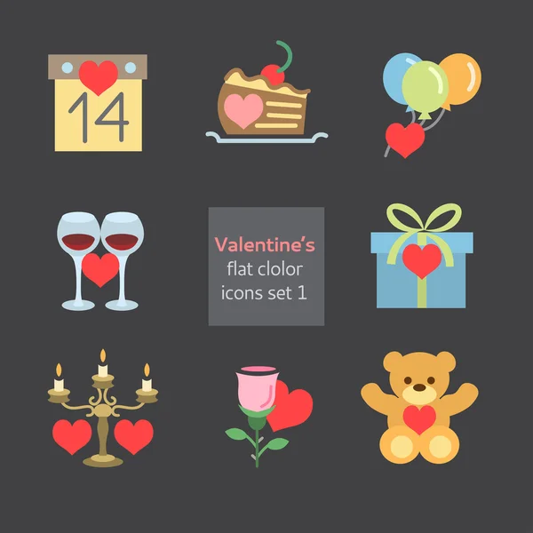 Set de iconos planos San Valentín color relleno — Vector de stock