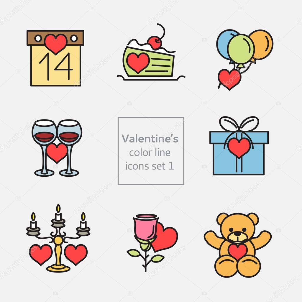 Set of Valentines icons flat and line