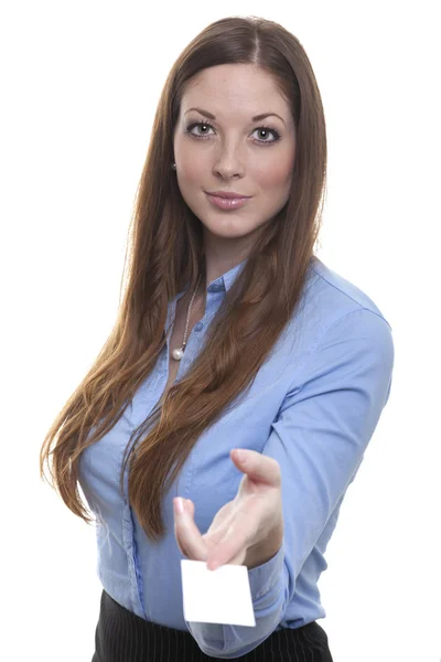 Successful business woman with business card — Stock Photo, Image