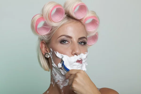 Blonde woman with shaving foam — Stock Photo, Image