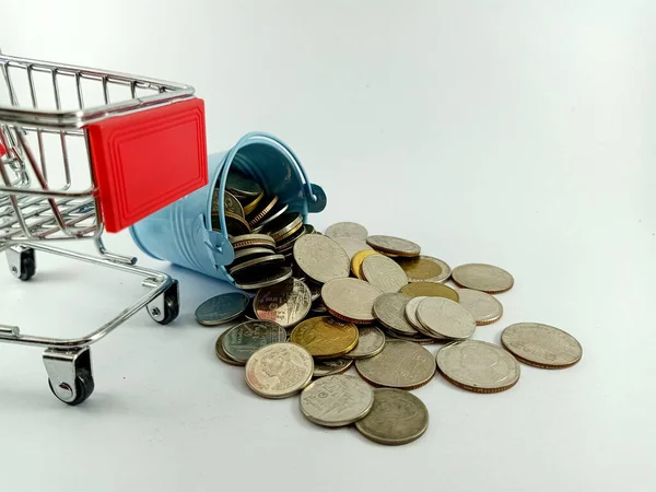 Coin Falling Form Bucket White Background — Stock Photo, Image