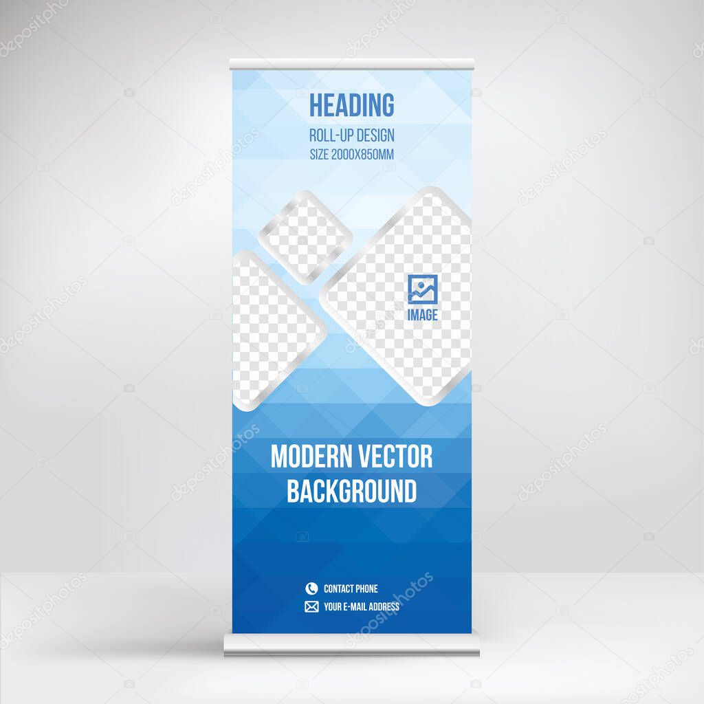 Roll-up advertising stand, modern design of a portable banner