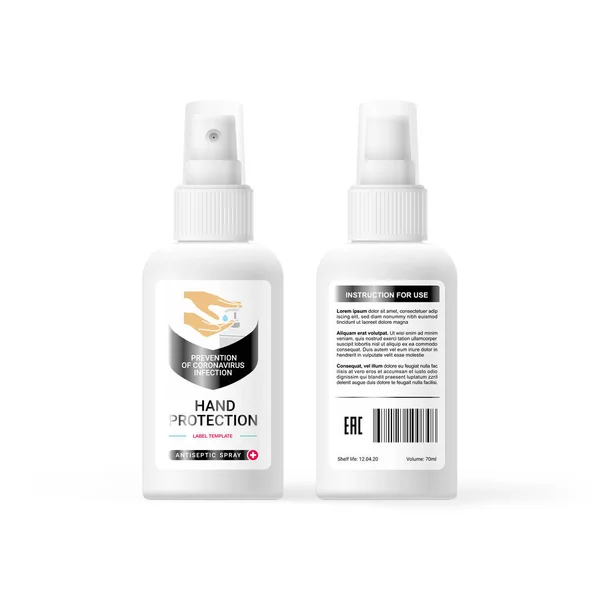 Antiseptische sprey mock-up, label ontwerp met de hand ontsmettingsmiddel symbolen en afbeeldingen — Stockvector