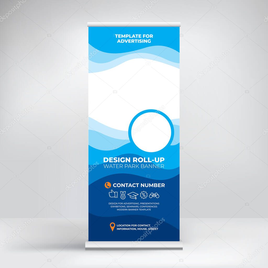 Banner roll-up for water Park, Modern blue background with sea waves