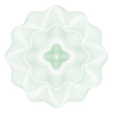 Guilloche Rosette, menkul kıymetlerin korunması için bir şablon, çiçek şeklinde dalgalı kıvrımlı çizgiler şeklinde bir süs.