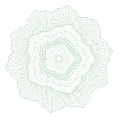 Guilloche Rosette, menkul kıymetlerin korunması için bir şablon, çiçek şeklinde dalgalı kıvrımlı çizgiler şeklinde bir süs.