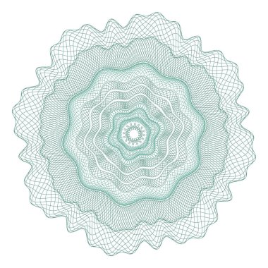 Guilloche Rosette, menkul kıymetlerin korunması için bir şablon, çiçek şeklinde dalgalı kıvrımlı çizgiler şeklinde bir süs.