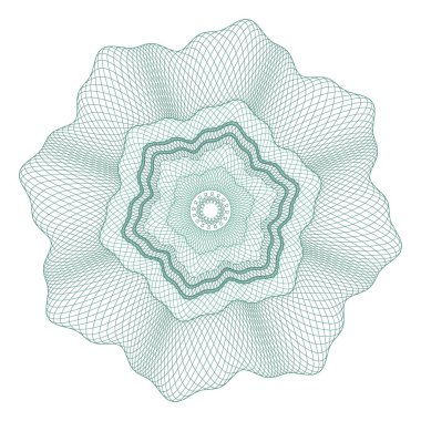 Guilloche Rosette, menkul kıymetlerin korunması için bir şablon, çiçek şeklinde dalgalı kıvrımlı çizgiler şeklinde bir süs.