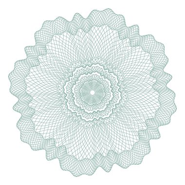 Guilloche rosette, ızgara, menkul kıymetlerin korunması için bir şablon, çiçek şeklinde dalgalı kıvrımlı çizgiler şeklinde bir süs.