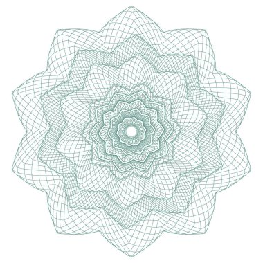 Guilloche rosette, ızgara, menkul kıymetlerin korunması için bir şablon, çiçek şeklinde dalgalı kıvrımlı çizgiler şeklinde bir süs.