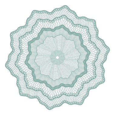 Guilloche rosette, ızgara, menkul kıymetlerin korunması için bir şablon, çiçek şeklinde dalgalı kıvrımlı çizgiler şeklinde bir süs.