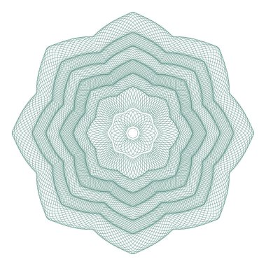 Guilloche rosette, ızgara, menkul kıymetlerin korunması için bir şablon, çiçek şeklinde dalgalı kıvrımlı çizgiler şeklinde bir süs.