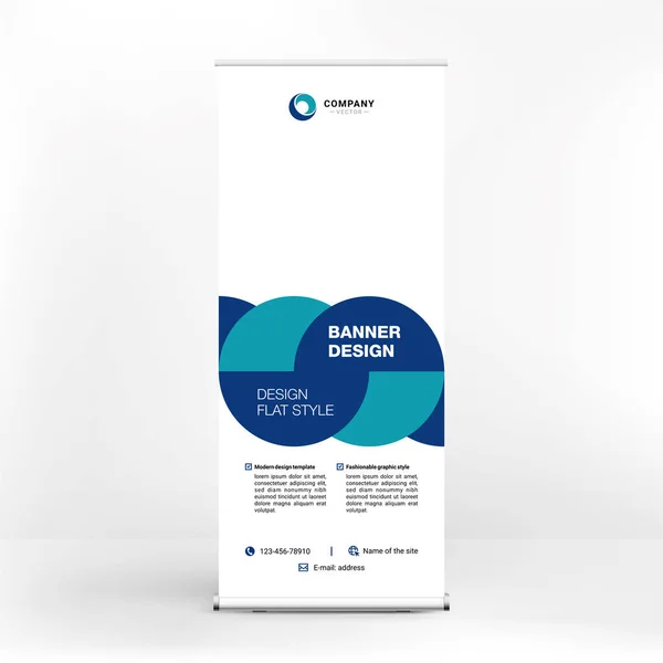 Roll-up banner design, stand creativo per conferenze, pubblicità di beni e servizi, stile moderno piatto, banner per seminari. — Vettoriale Stock