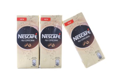 KUALA LUMPur, Malezya - 7 Şubat 2015. Nescafe Süt İçeceği paketleri. Nescafe, Nestle tarafından üretilen bir hazır kahve markasıdır. Adı 