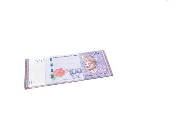 Malezya Para Birimi Myr Yüzük Malezya Banknotu Yığını Masaya Dağılmış — Stok fotoğraf