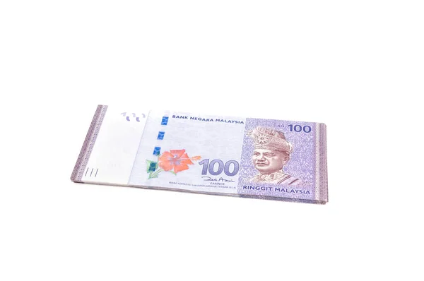 Malezya Para Birimi Myr Yüzük Malezya Banknotu Yığını Masaya Dağılmış — Stok fotoğraf