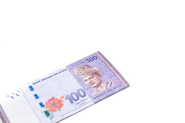 Malaysia Currency Myr Stack Ringgit Malaysia Bank Notes 桌上散落着一百林吉特的马来西亚语 — 图库照片