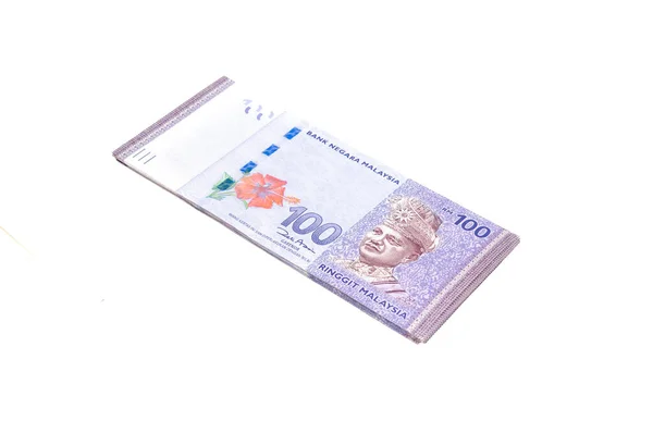 Malezya Para Birimi Myr Yüzük Malezya Banknotu Yığını Masaya Dağılmış — Stok fotoğraf