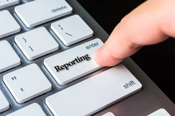 Dedo Las Teclas Del Teclado Del Ordenador Con Palabra Informes —  Fotos de Stock