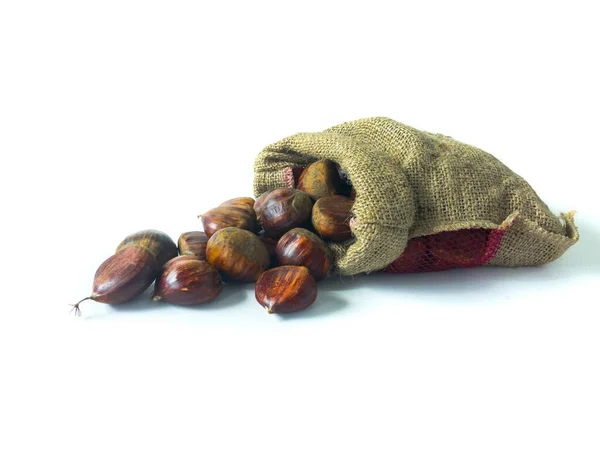 Çuval içinde bir yığın taze kestane. Fotokopi alanı olan beyaz izole bir arka plan. Noel için çiğ kestane. Yan görünüm.