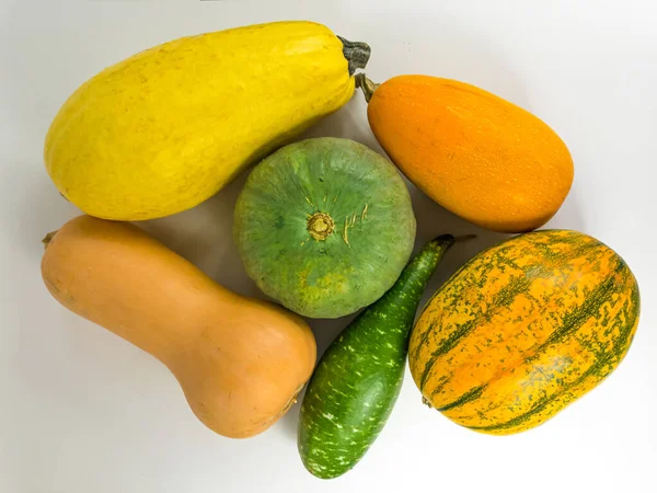 Assortment of squashes (crookneck, kabocha, spaghetti, delicata, butternut, orangetti squashes) on a white isolated background